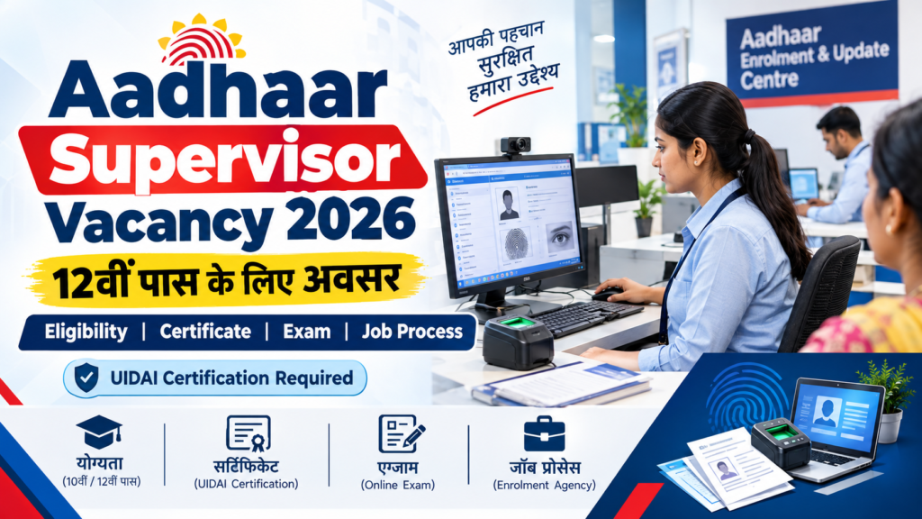 Aadhaar Supervisor Vacancy 2026 for 12th pass candidates with UIDAI certification, eligibility, exam and job process information
