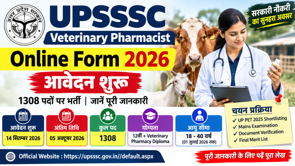 UPSSSC Veterinary Pharmacist Online Form 2026 – 1308 पदों पर भर्ती, आवेदन शुरू, पात्रता, आयु सीमा और चयन प्रक्रिया