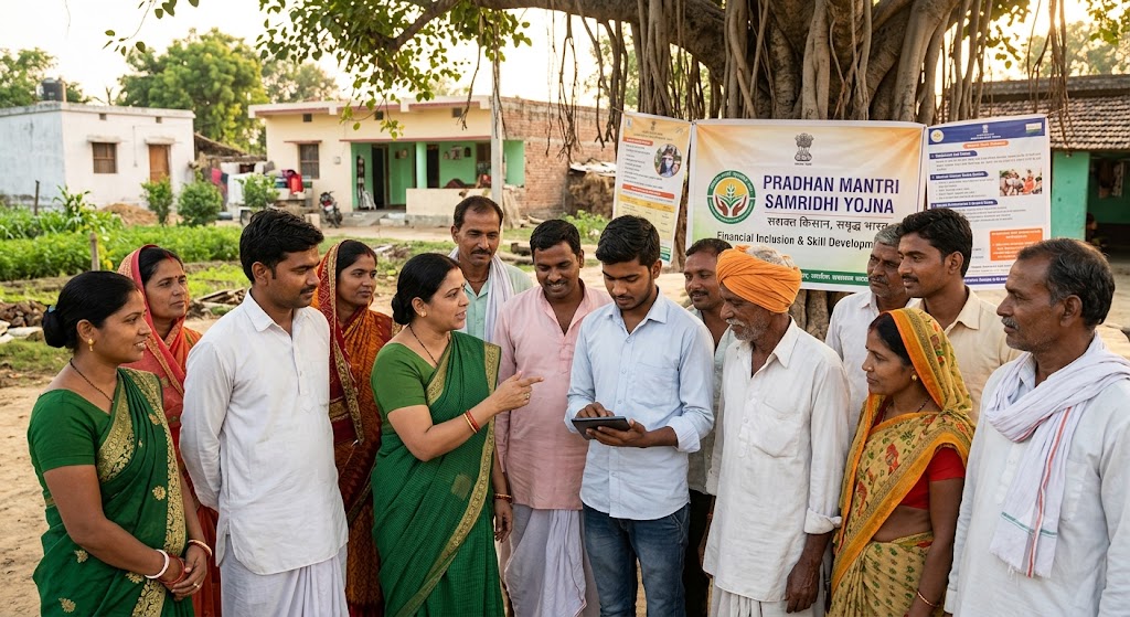 A group of Indian villagers gathered under a large banyan tree in a rural setting, watching a young man demonstrate a digital tablet, with banners displaying "Pradhan Mantri Samridhi Yojna" in the background.