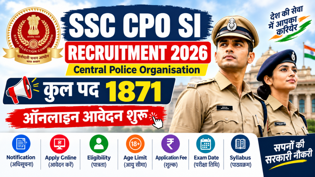 SSC CPO SI Recruitment 2026 – 1871 पद, ऑनलाइन आवेदन, पात्रता, आयु सीमा, आवेदन शुल्क, परीक्षा तिथि और सिलेबस